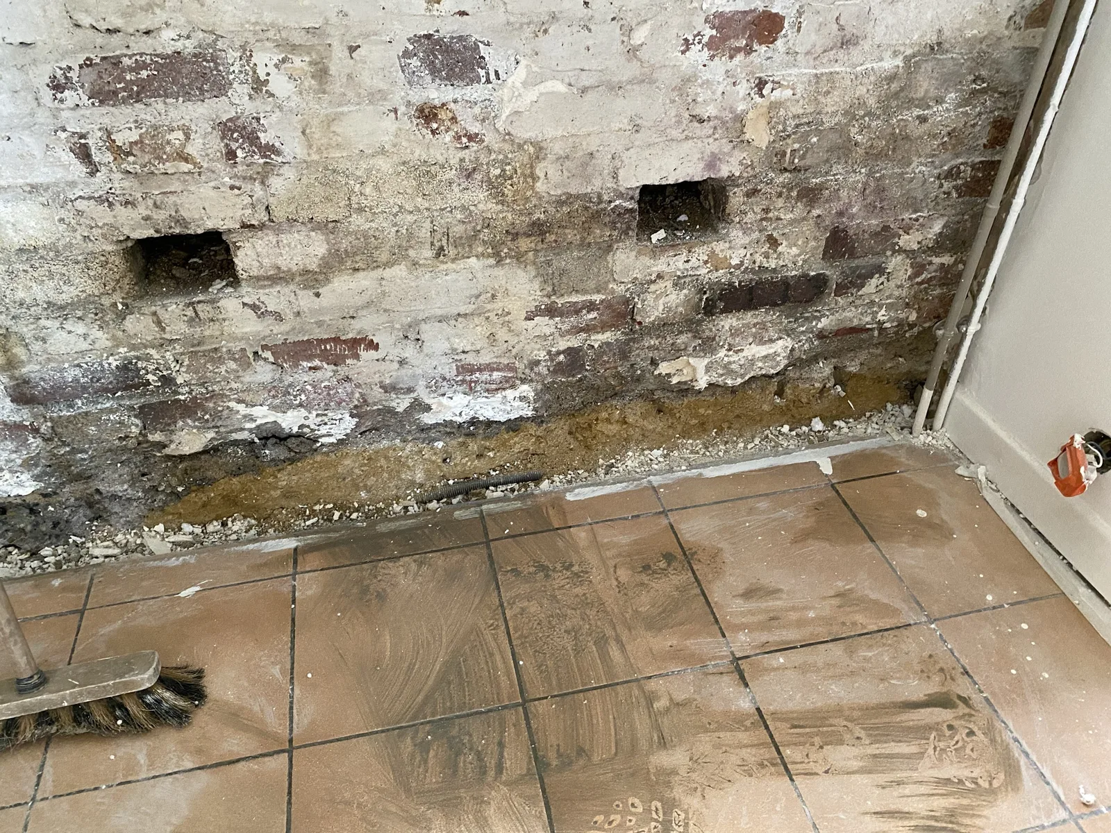 Remontées d'humidité en bas d'un mur en brique à Sèvres