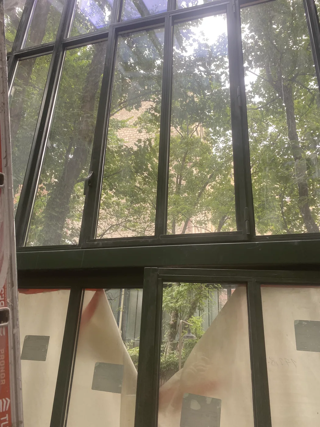 Vue sur le jardin à travers la verrière en acier, Paris 14e